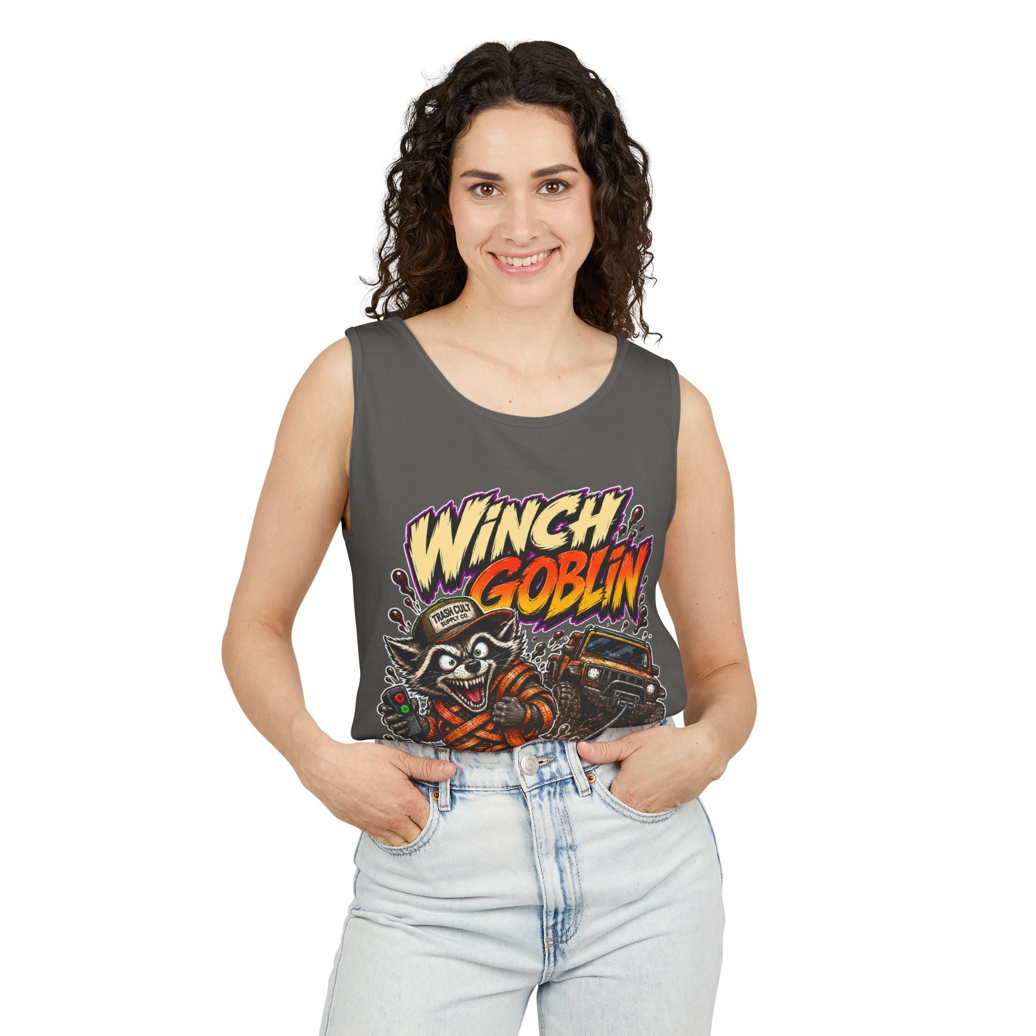 Winch Goblin Graphic Tank Top — Retro Cartoon Mechanic Design