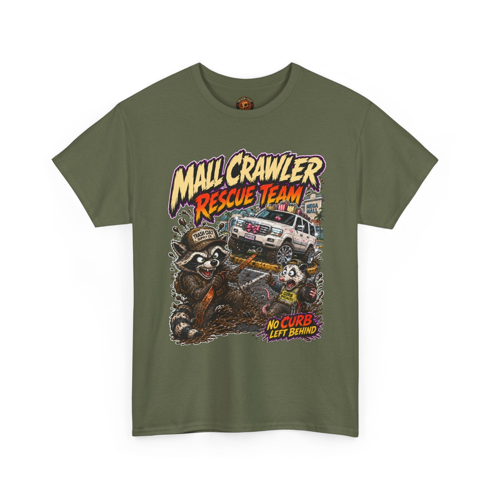 Mall Crawler Rescue Team T‑Shirt — Vintage Raccoon Rescue Graphic Tee (“No Curb Left Behind”)