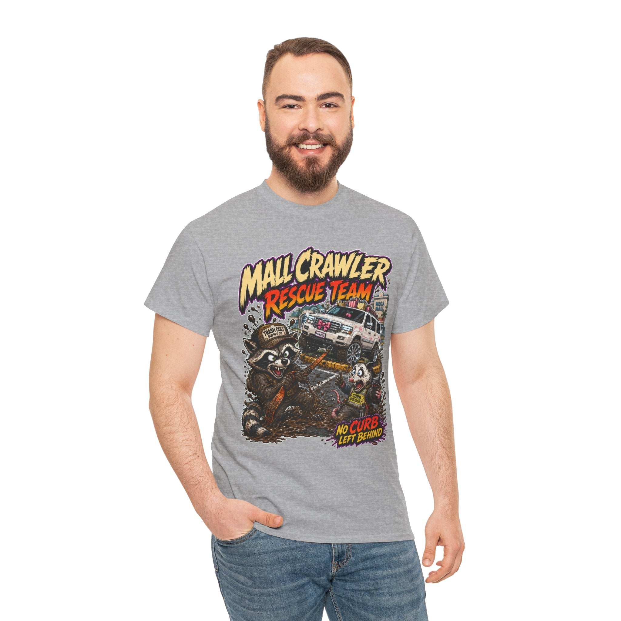 Mall Crawler Rescue Team T‑Shirt — Vintage Raccoon Rescue Graphic Tee (“No Curb Left Behind”)