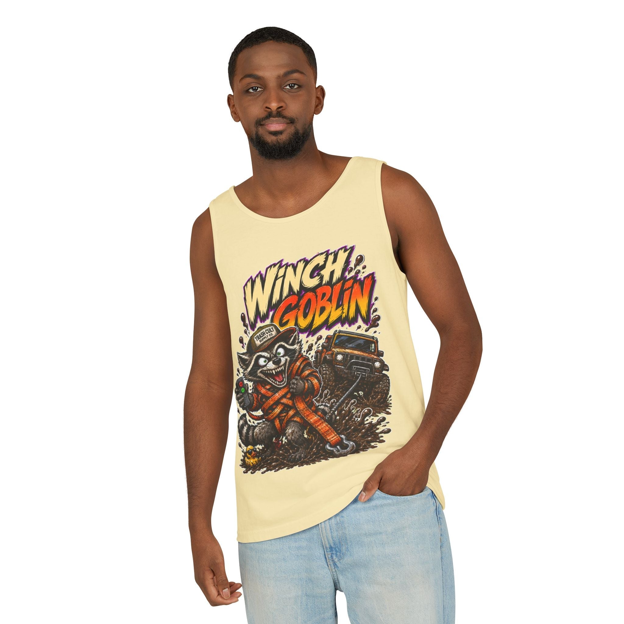 Winch Goblin Graphic Tank Top — Retro Cartoon Mechanic Design