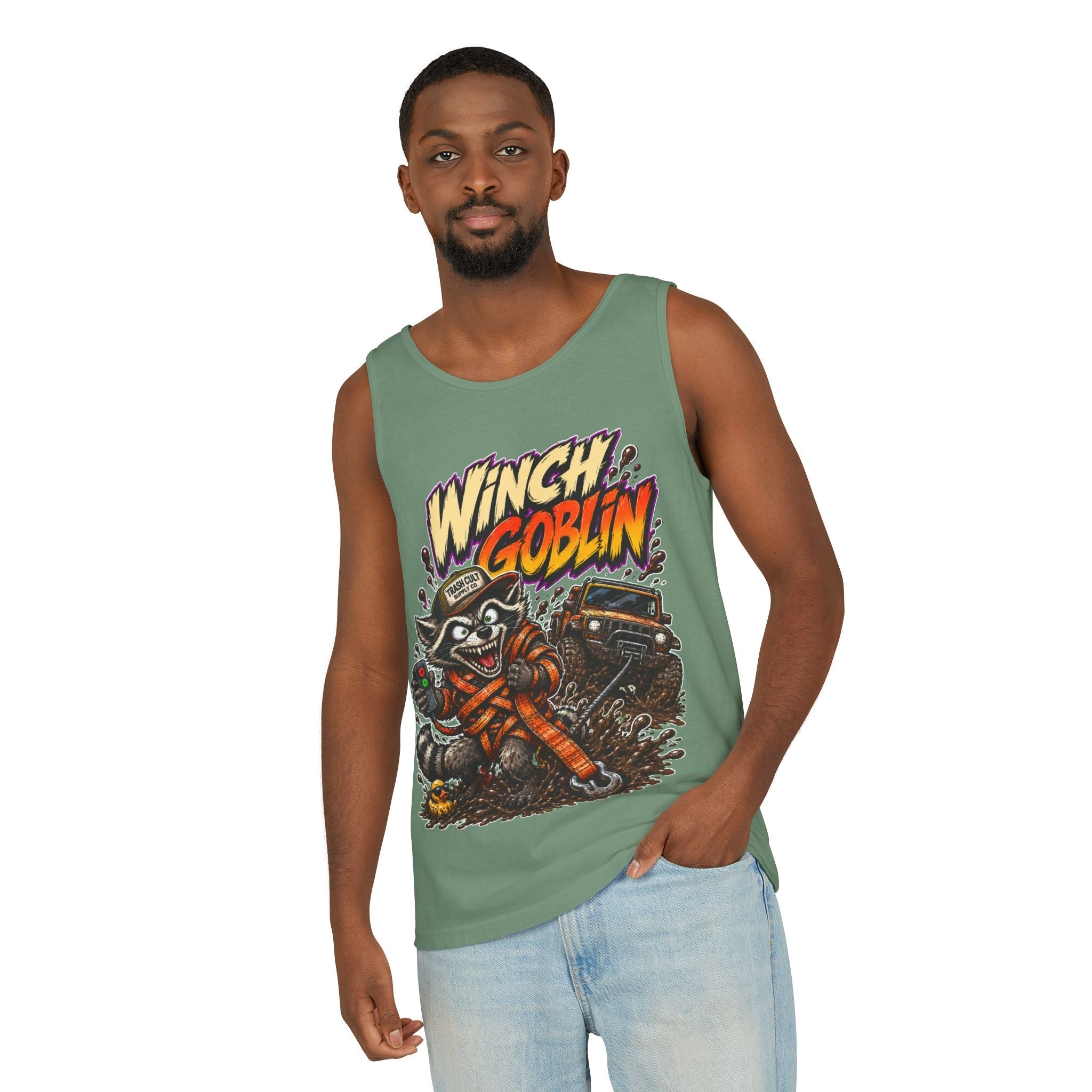 Winch Goblin Graphic Tank Top — Retro Cartoon Mechanic Design