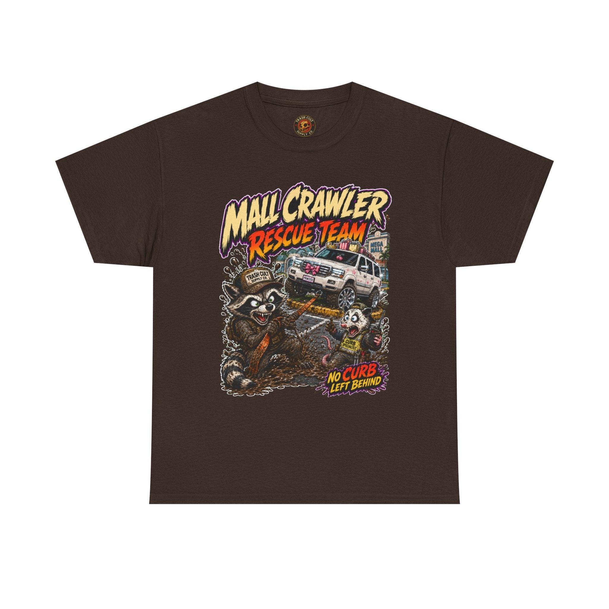 Mall Crawler Rescue Team T‑Shirt — Vintage Raccoon Rescue Graphic Tee (“No Curb Left Behind”)