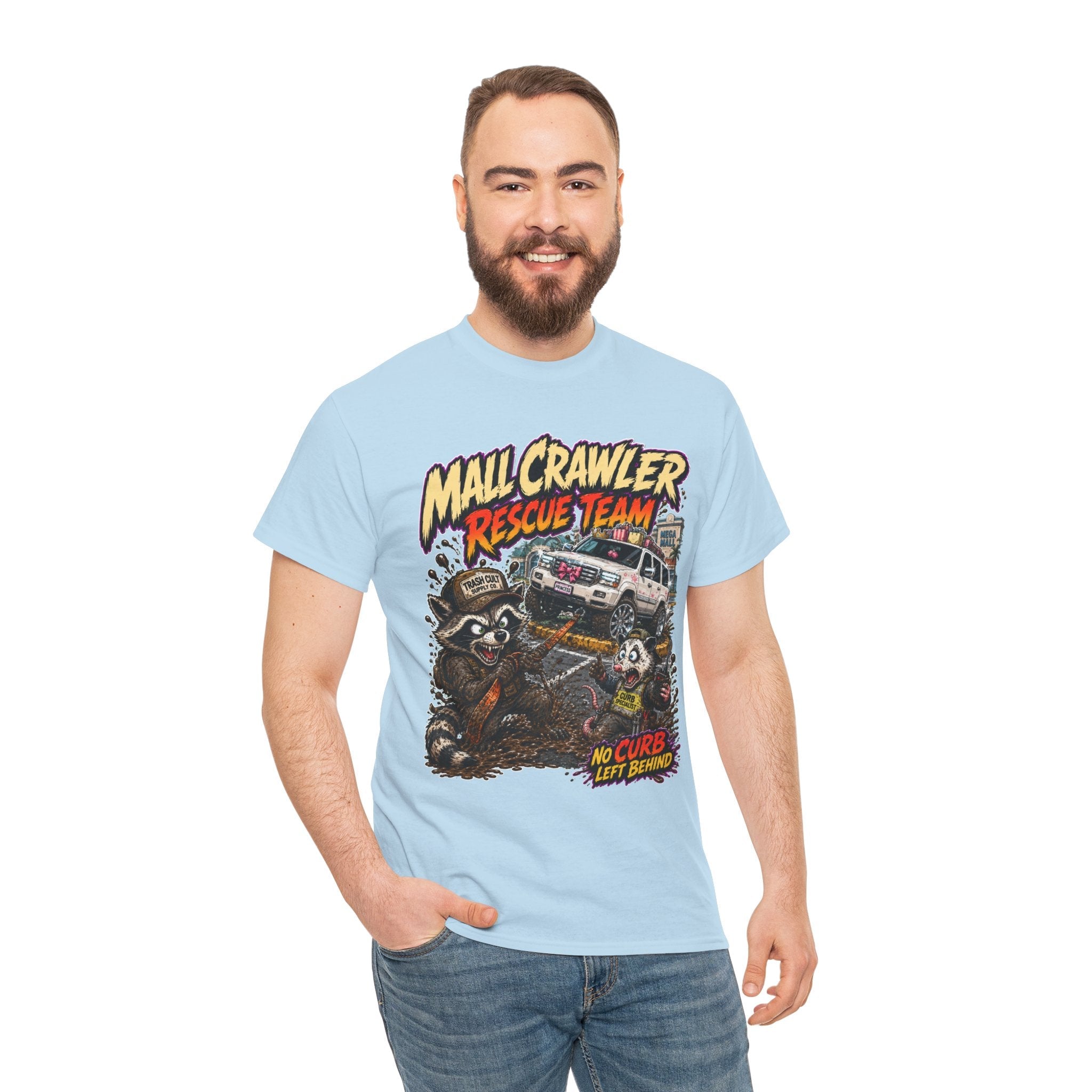 Mall Crawler Rescue Team T‑Shirt — Vintage Raccoon Rescue Graphic Tee (“No Curb Left Behind”)