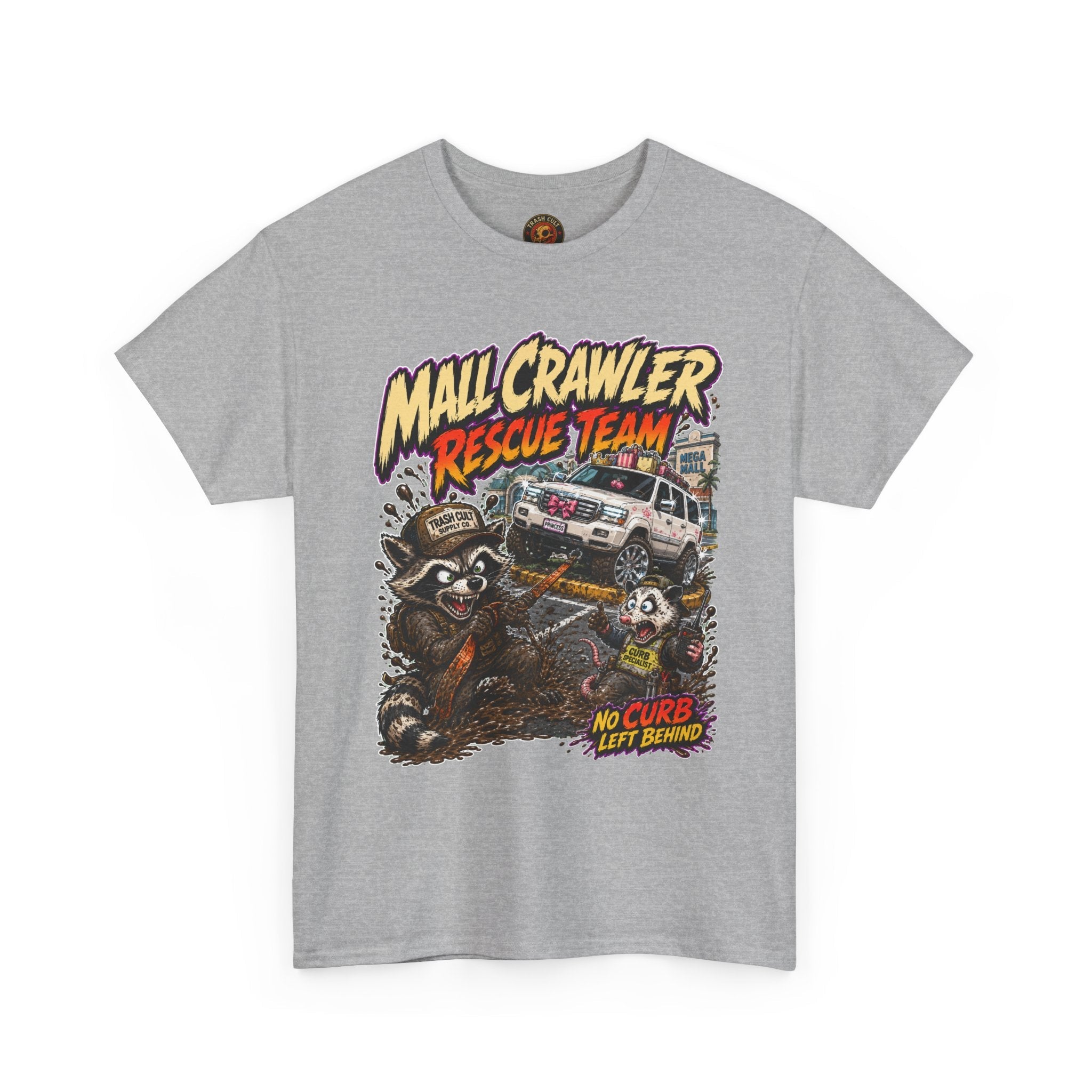 Mall Crawler Rescue Team T‑Shirt — Vintage Raccoon Rescue Graphic Tee (“No Curb Left Behind”)