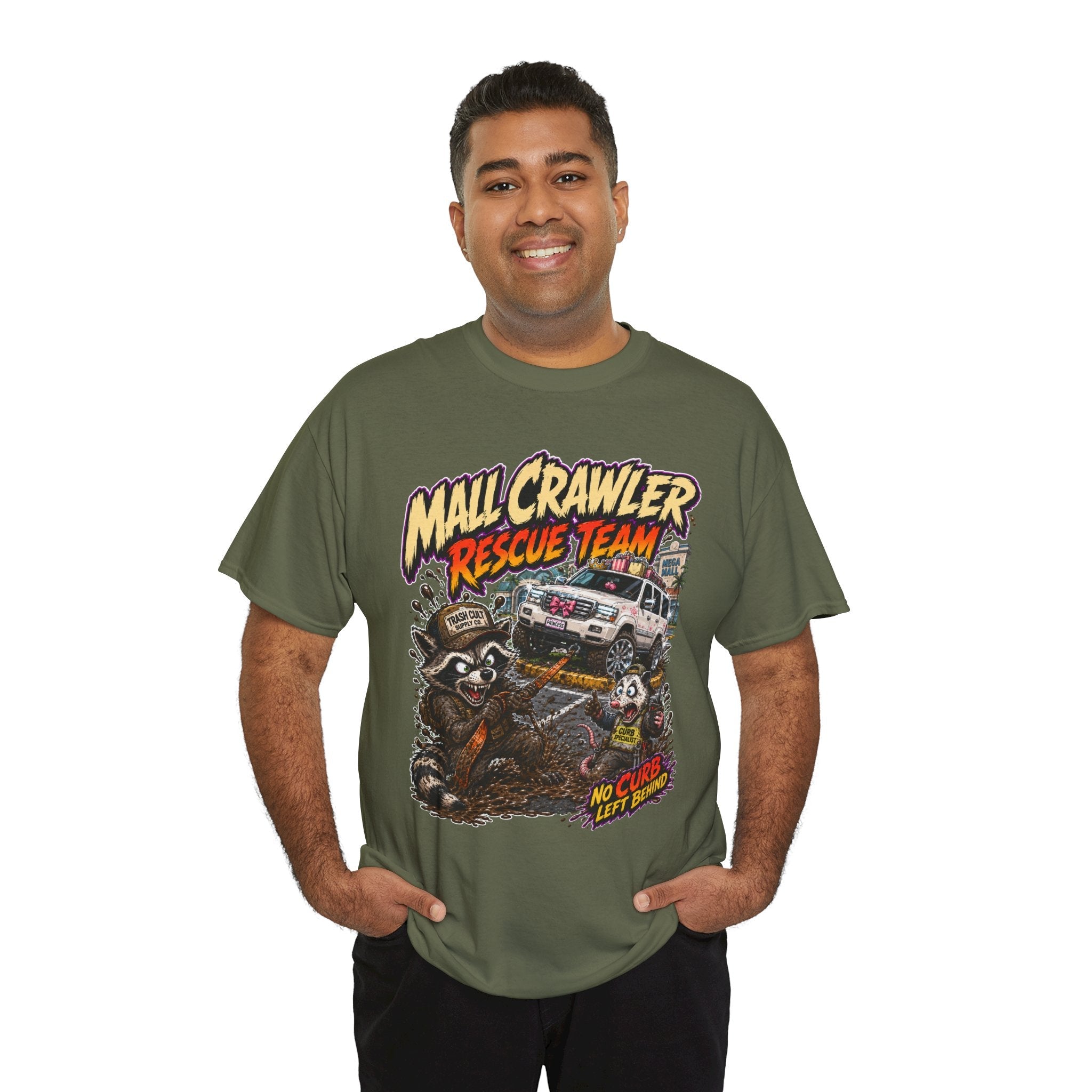 Mall Crawler Rescue Team T‑Shirt — Vintage Raccoon Rescue Graphic Tee (“No Curb Left Behind”)