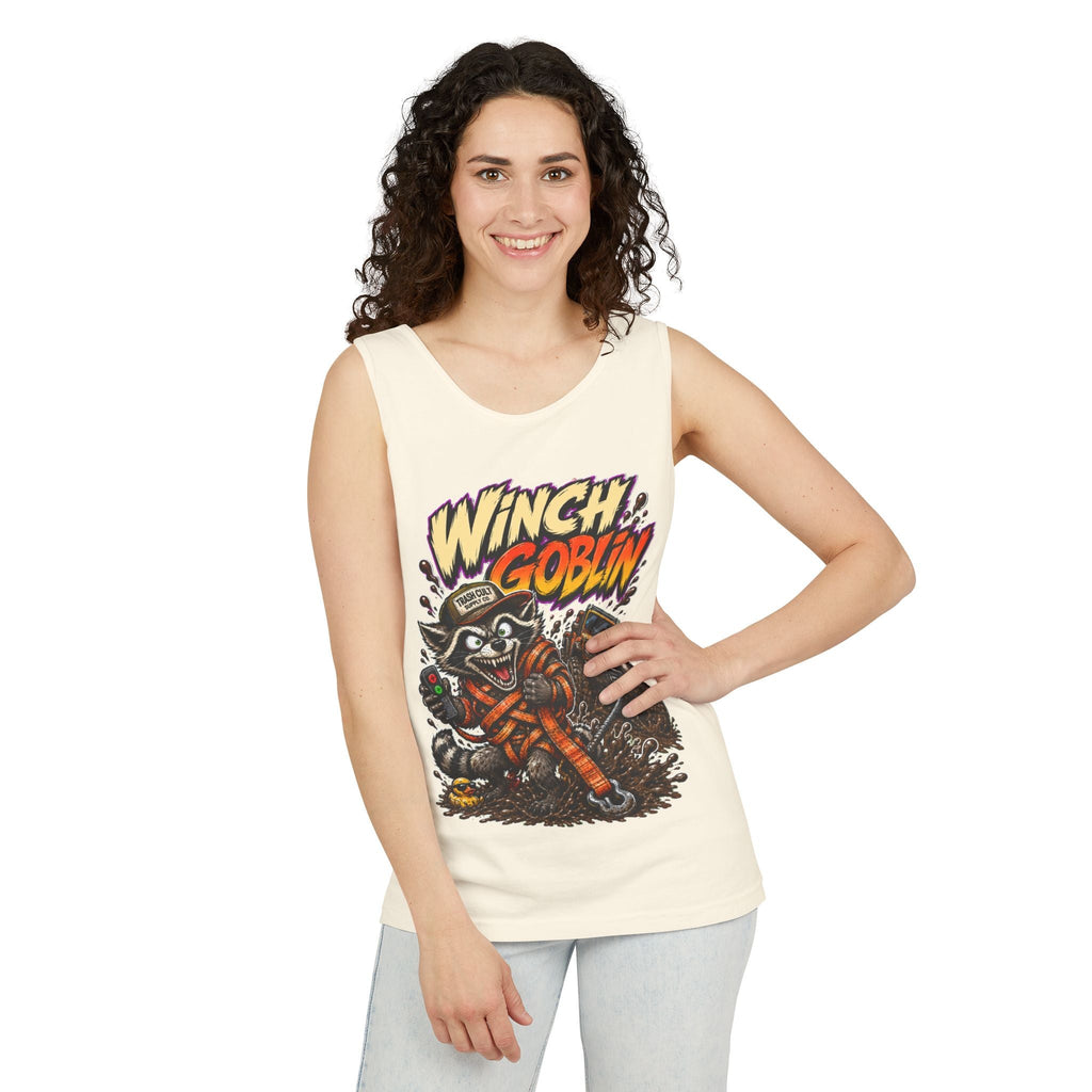 Winch Goblin Graphic Tank Top — Retro Cartoon Mechanic Design