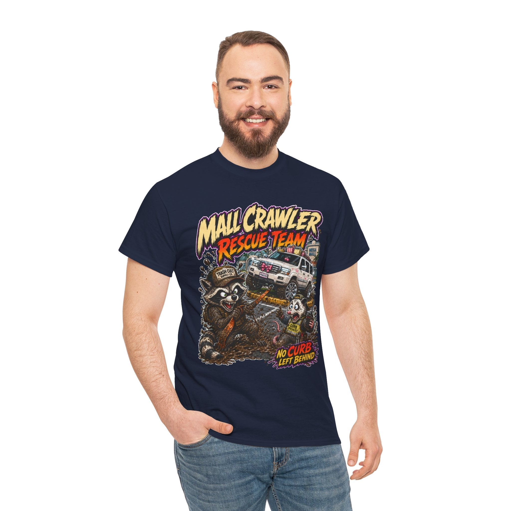 Mall Crawler Rescue Team T‑Shirt — Vintage Raccoon Rescue Graphic Tee (“No Curb Left Behind”)