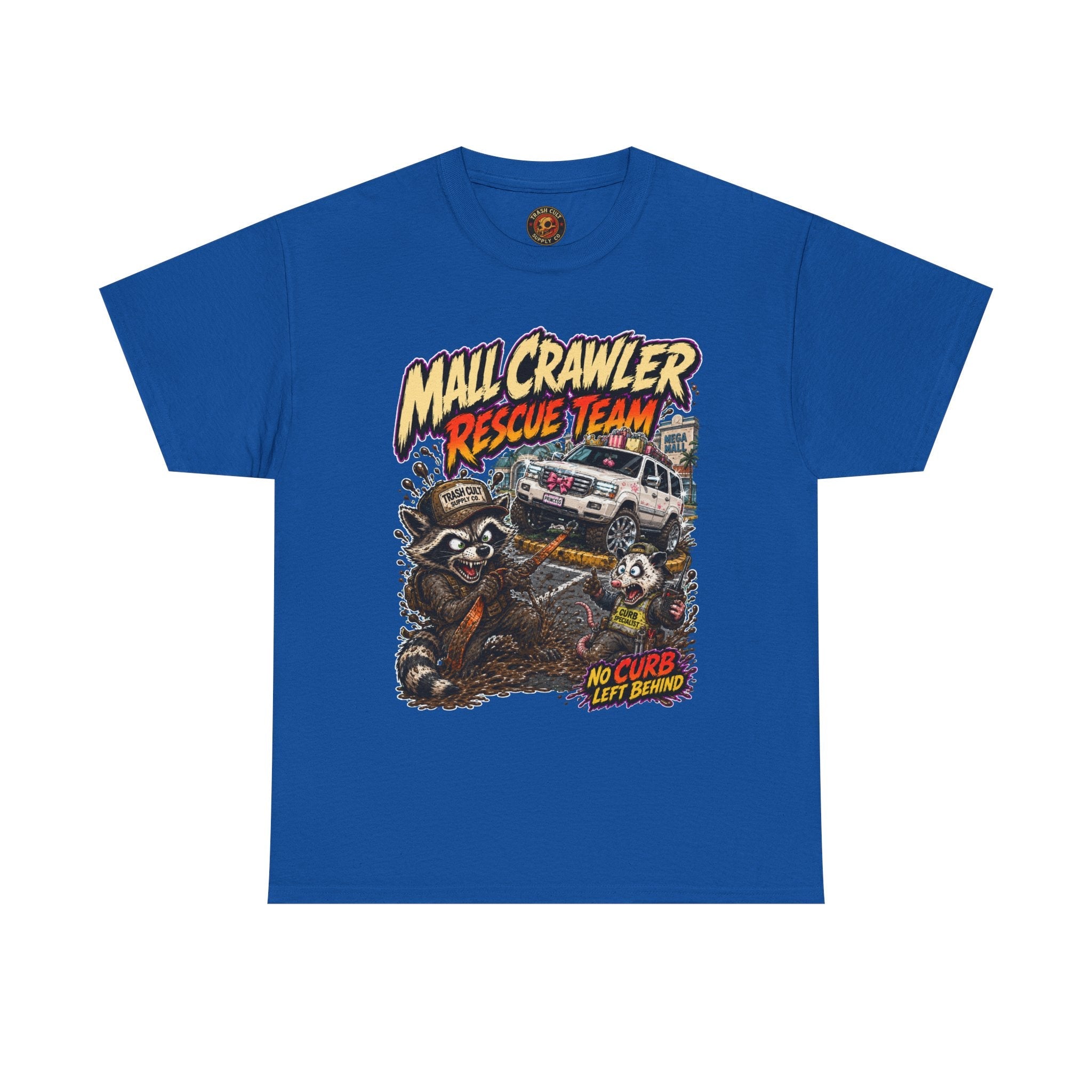 Mall Crawler Rescue Team T‑Shirt — Vintage Raccoon Rescue Graphic Tee (“No Curb Left Behind”)