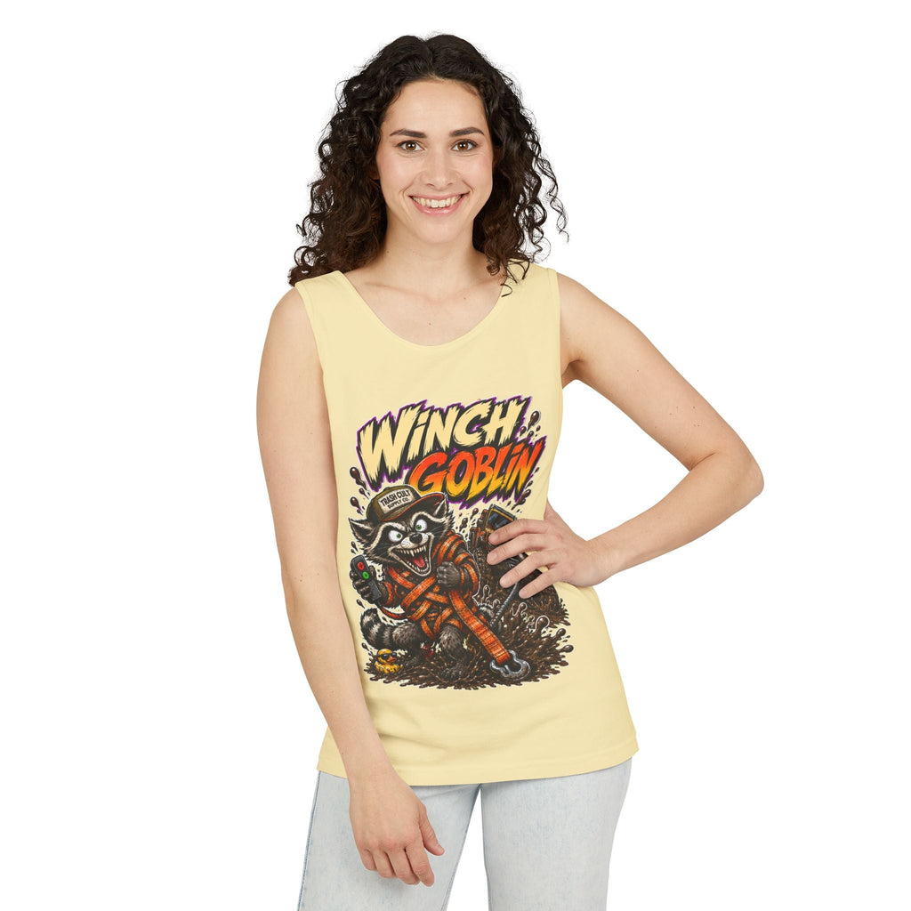 Winch Goblin Graphic Tank Top — Retro Cartoon Mechanic Design