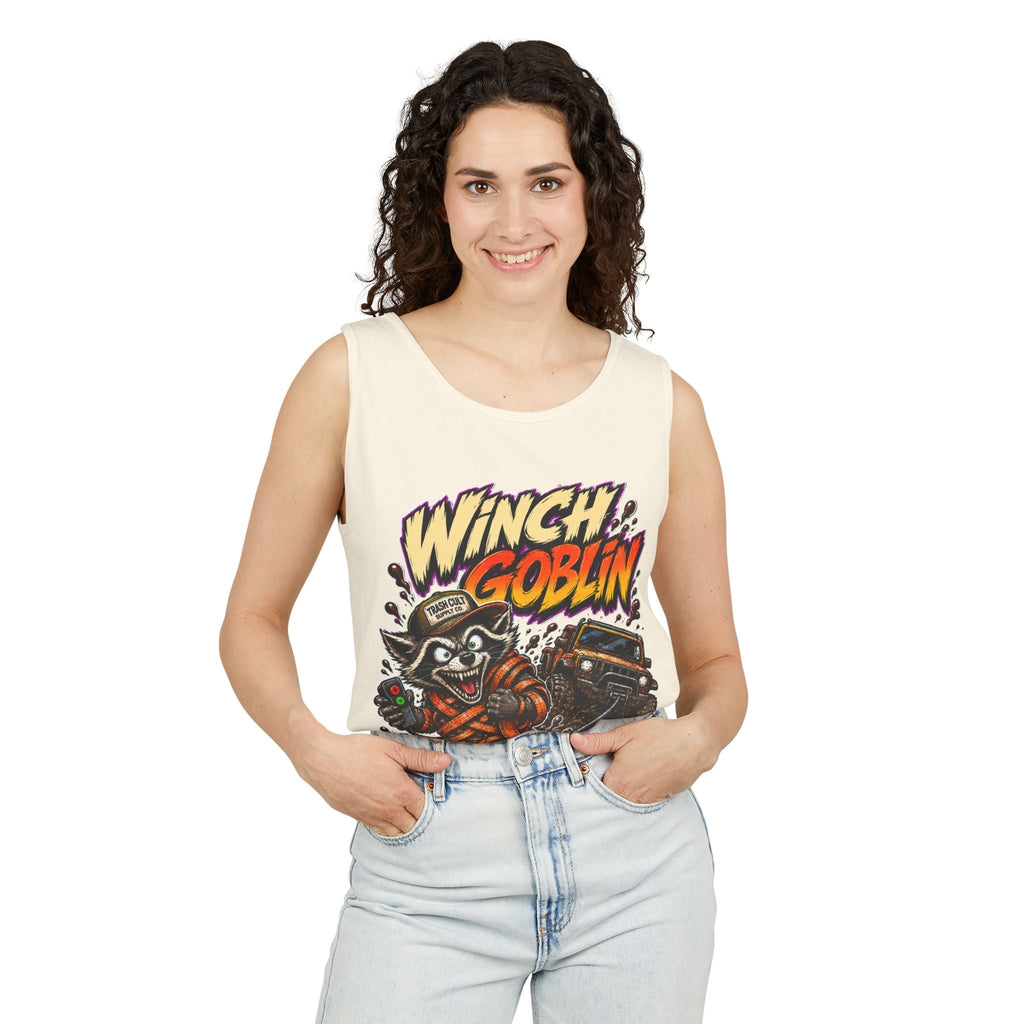 Winch Goblin Graphic Tank Top — Retro Cartoon Mechanic Design
