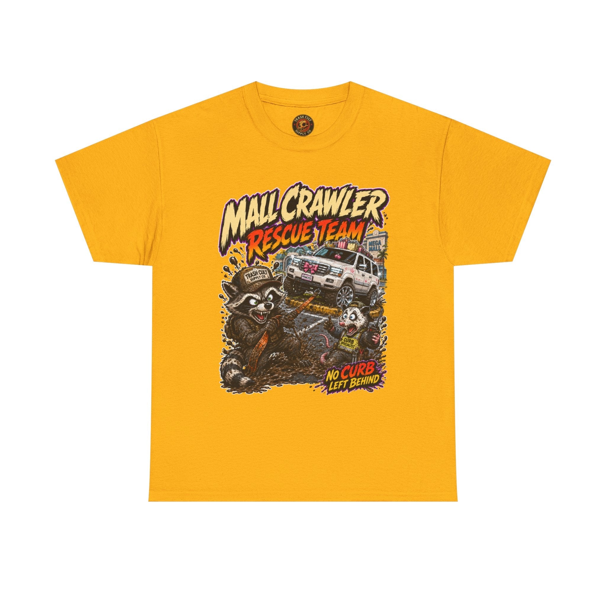 Mall Crawler Rescue Team T‑Shirt — Vintage Raccoon Rescue Graphic Tee (“No Curb Left Behind”)