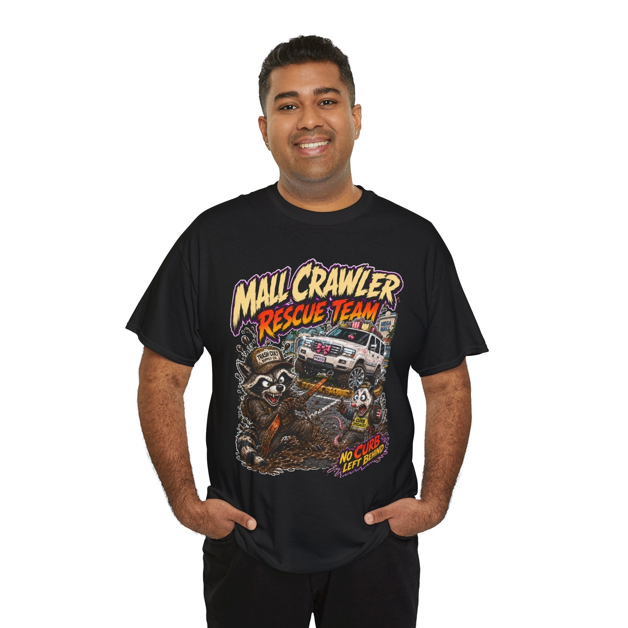 Mall Crawler Rescue Team T‑Shirt — Vintage Raccoon Rescue Graphic Tee (“No Curb Left Behind”)