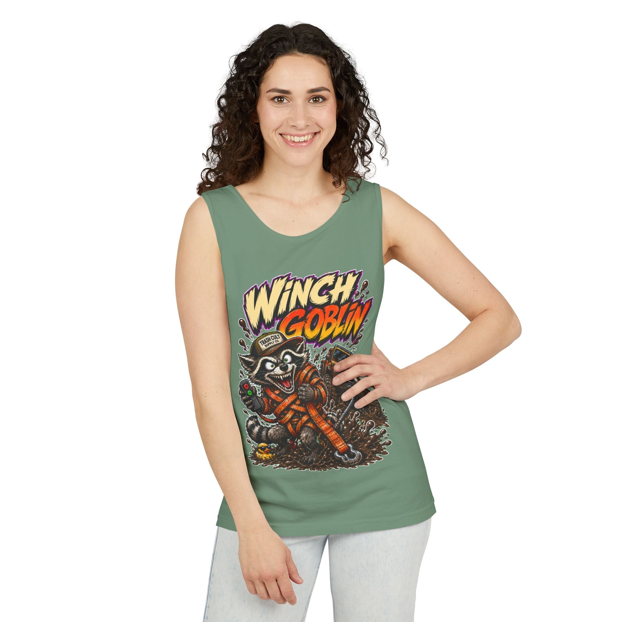 Winch Goblin Graphic Tank Top — Retro Cartoon Mechanic Design