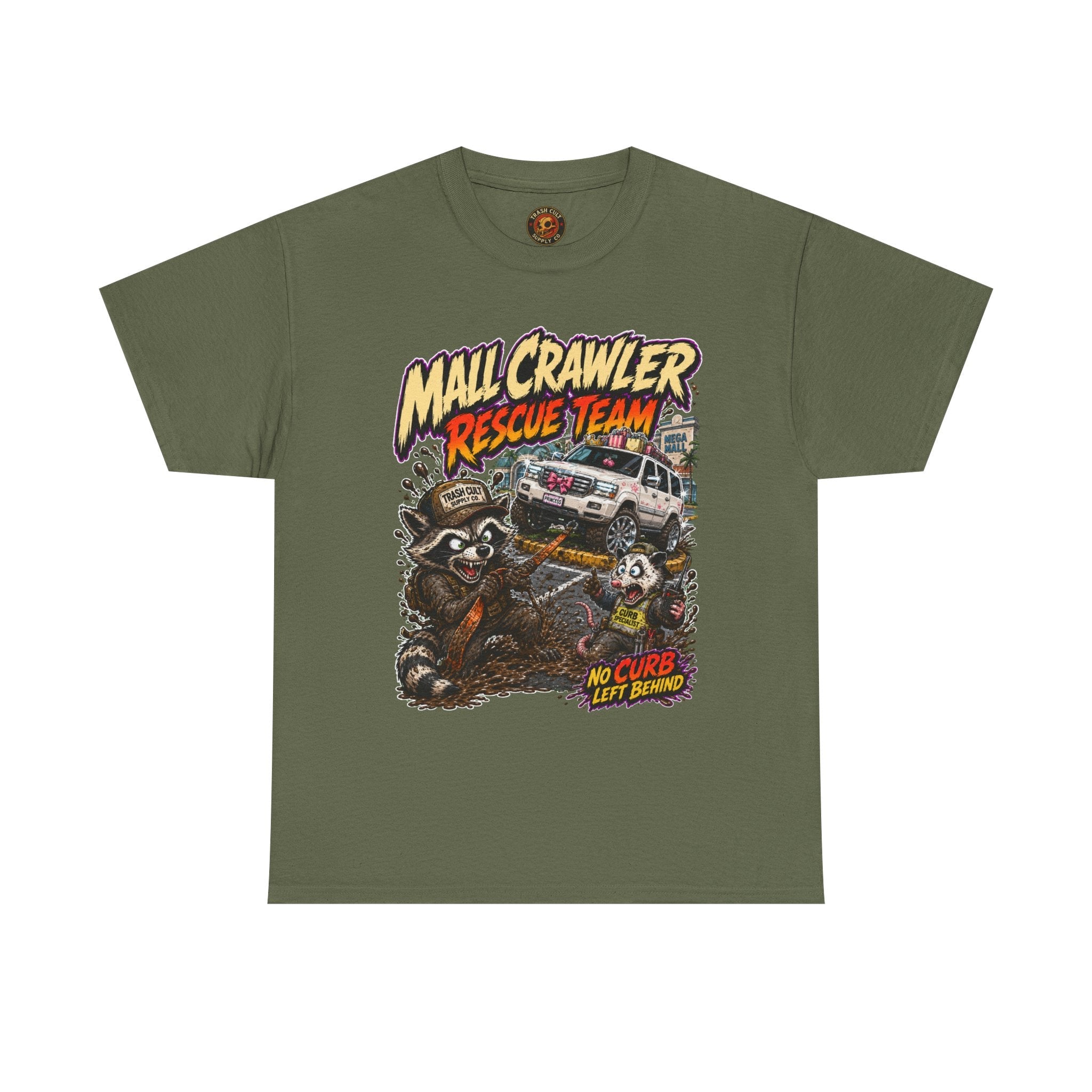 Mall Crawler Rescue Team T‑Shirt — Vintage Raccoon Rescue Graphic Tee (“No Curb Left Behind”)