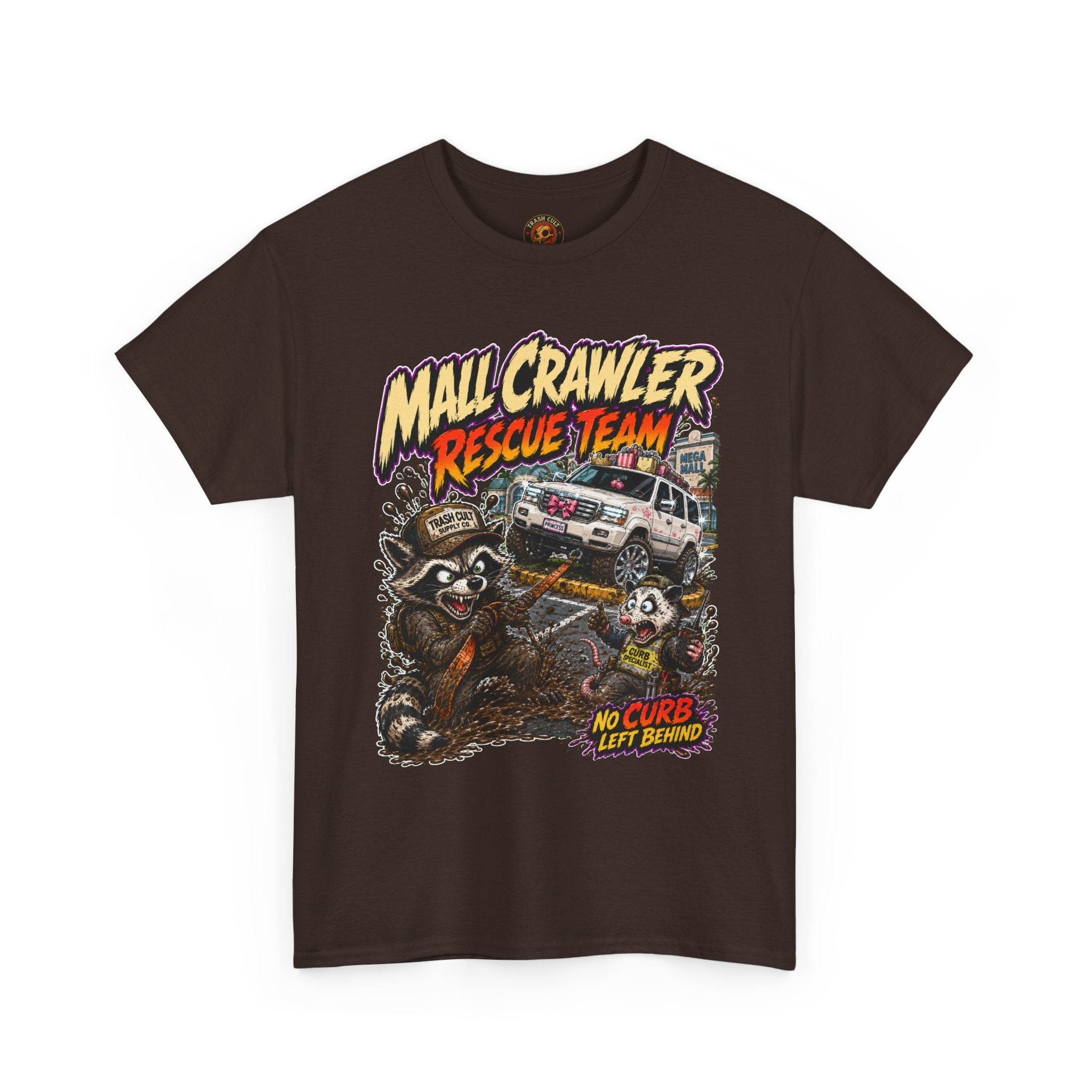 Mall Crawler Rescue Team T‑Shirt — Vintage Raccoon Rescue Graphic Tee (“No Curb Left Behind”)