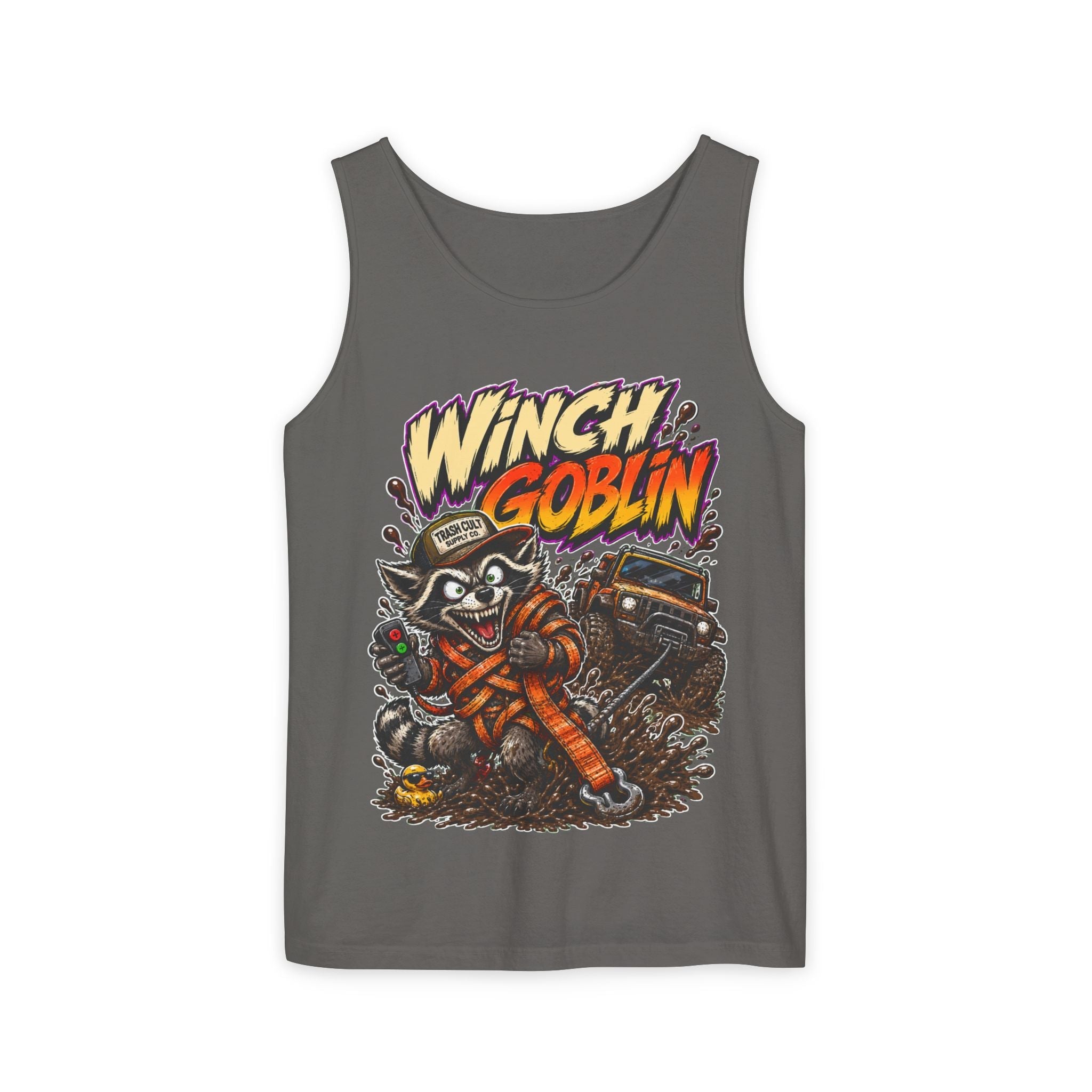Winch Goblin Graphic Tank Top — Retro Cartoon Mechanic Design