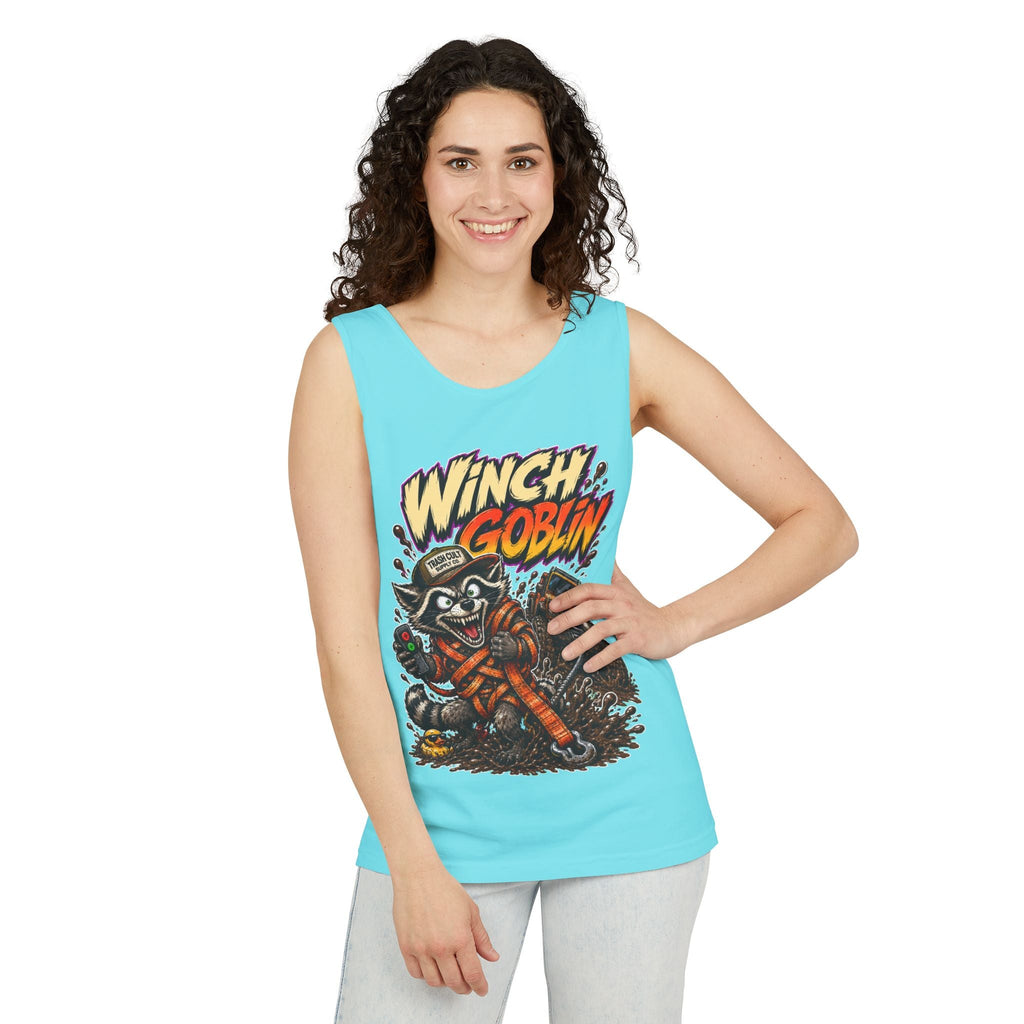 Winch Goblin Graphic Tank Top — Retro Cartoon Mechanic Design