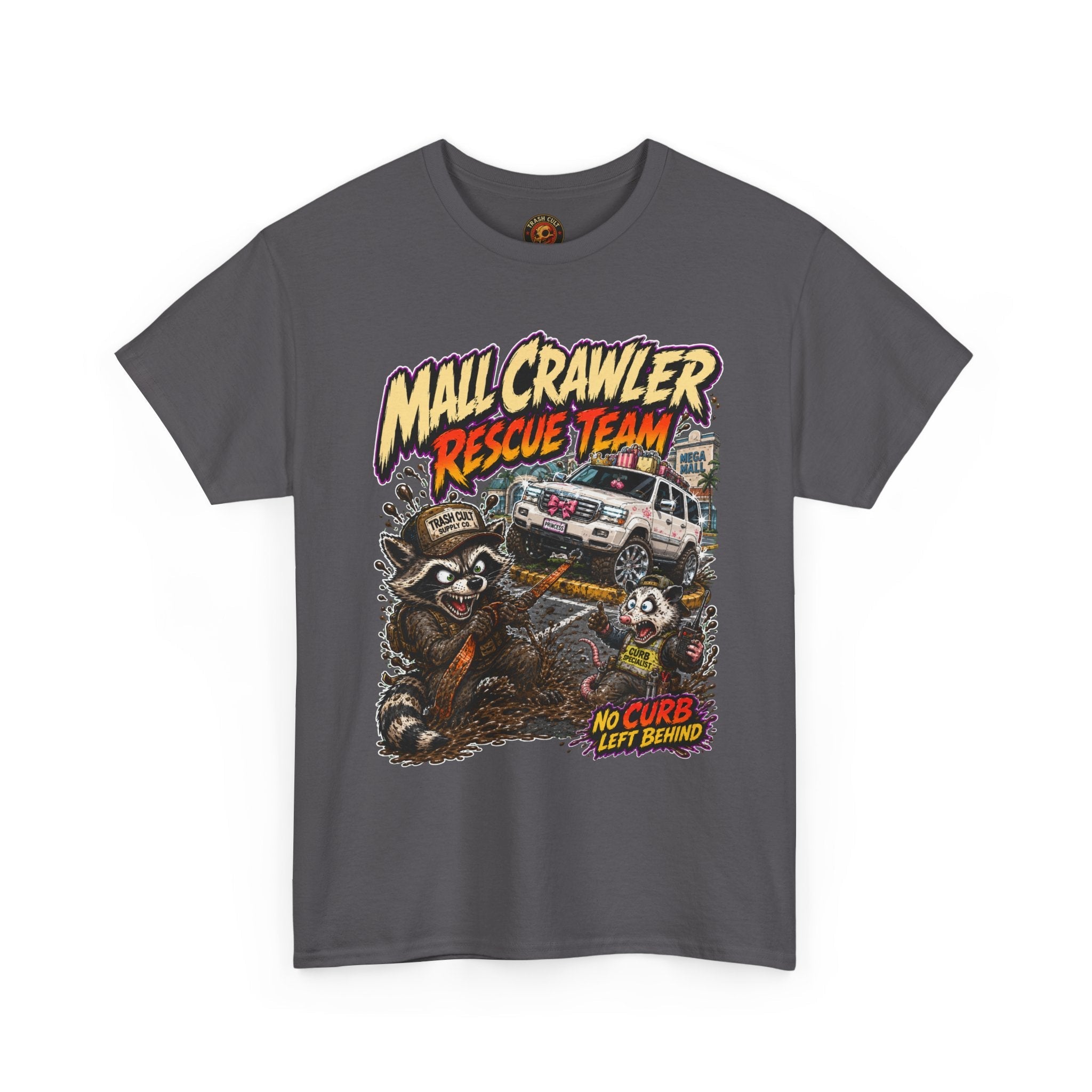 Mall Crawler Rescue Team T‑Shirt — Vintage Raccoon Rescue Graphic Tee (“No Curb Left Behind”)