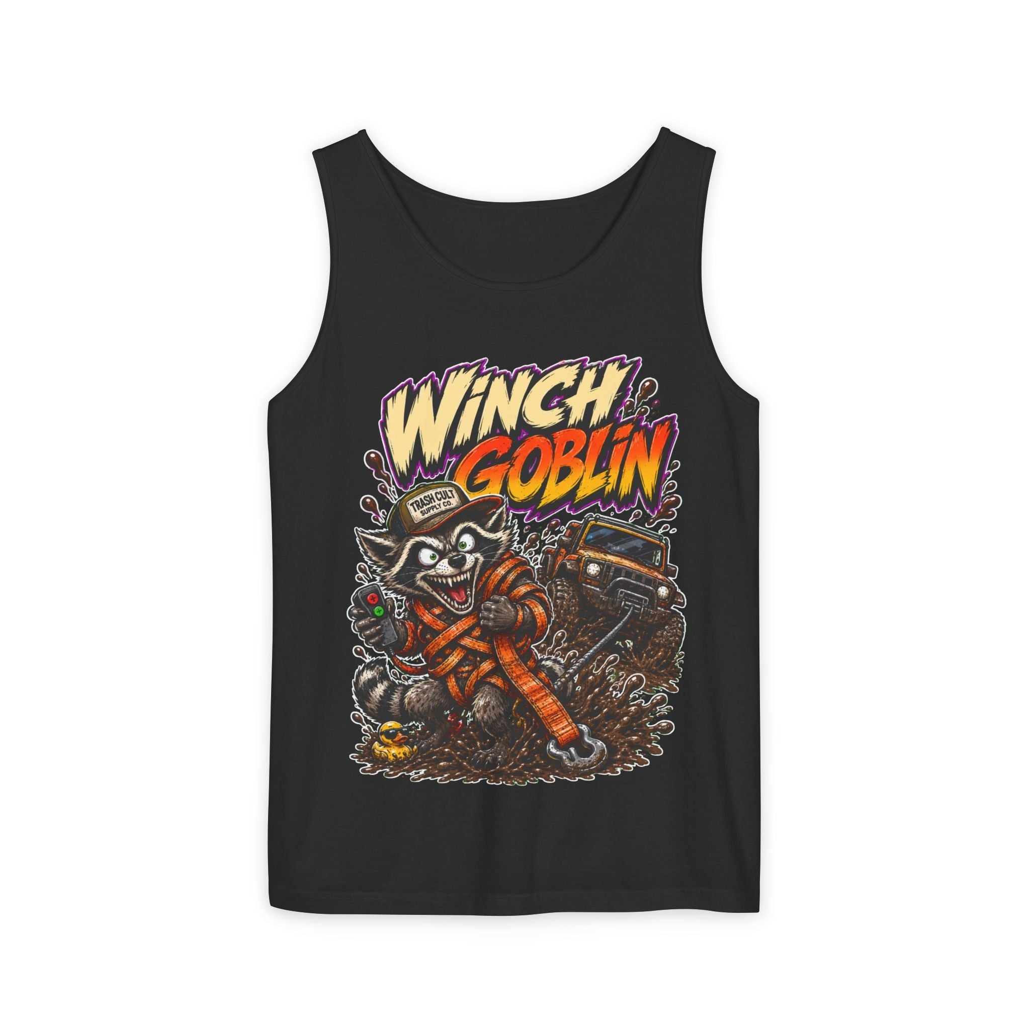 Winch Goblin Graphic Tank Top — Retro Cartoon Mechanic Design