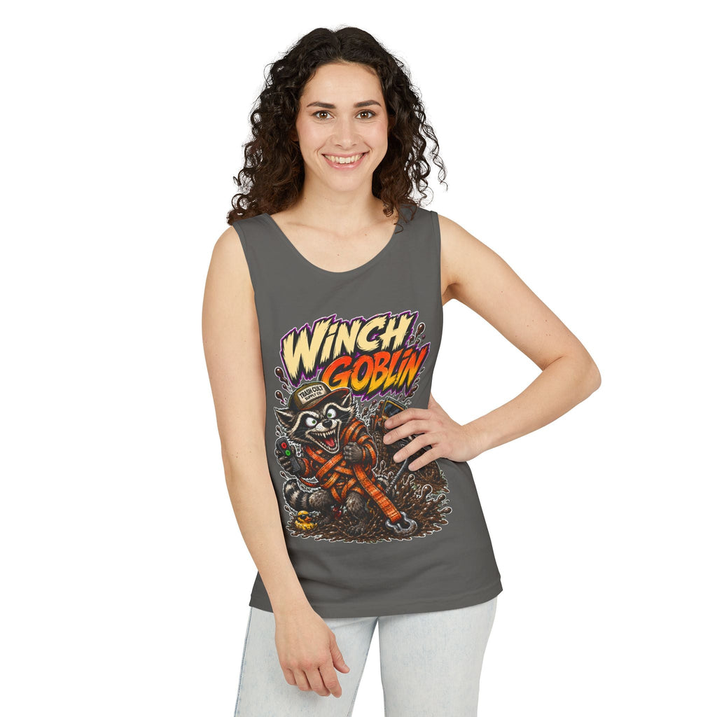 Winch Goblin Graphic Tank Top — Retro Cartoon Mechanic Design