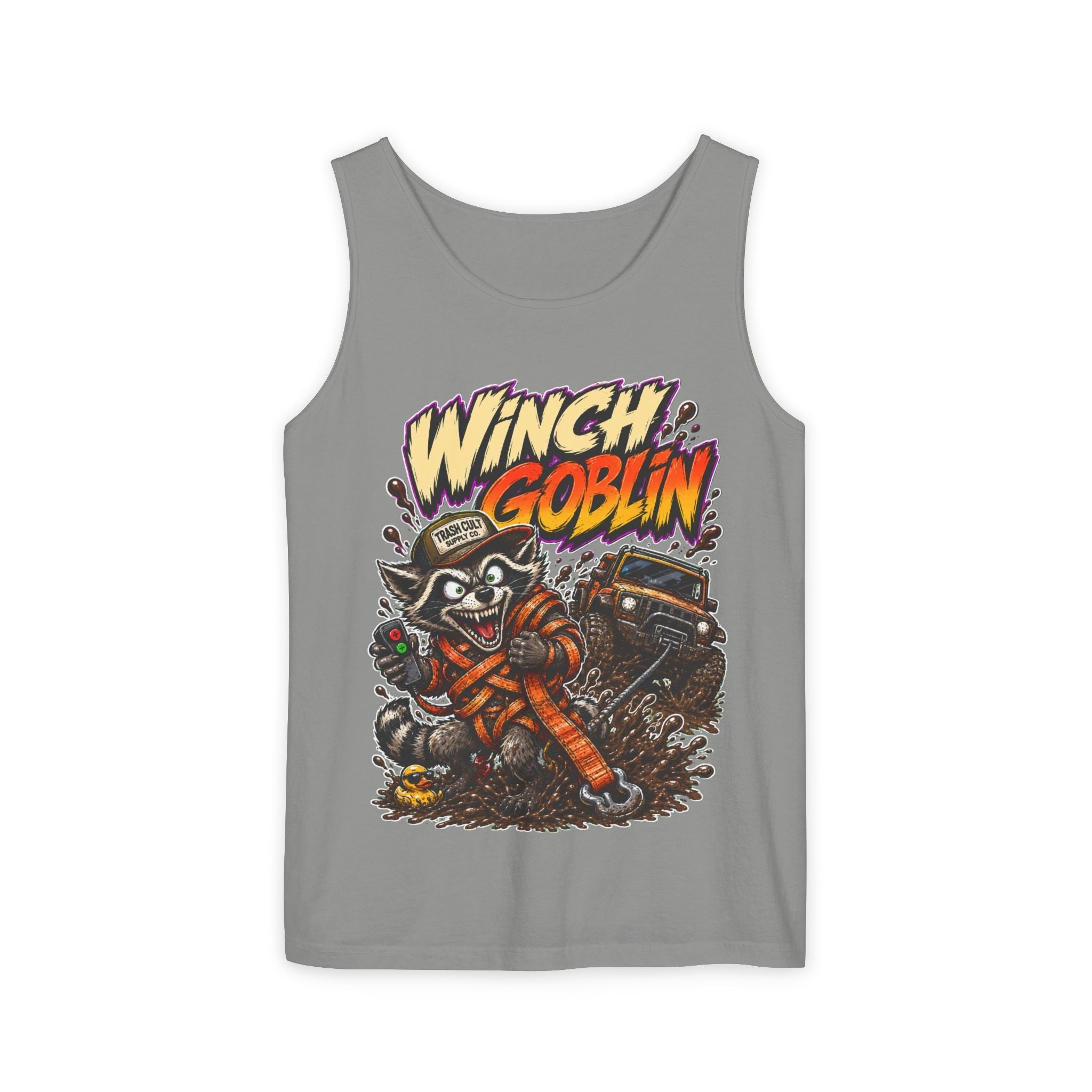 Winch Goblin Graphic Tank Top — Retro Cartoon Mechanic Design
