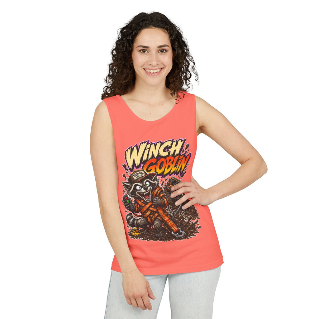Winch Goblin Graphic Tank Top — Retro Cartoon Mechanic Design