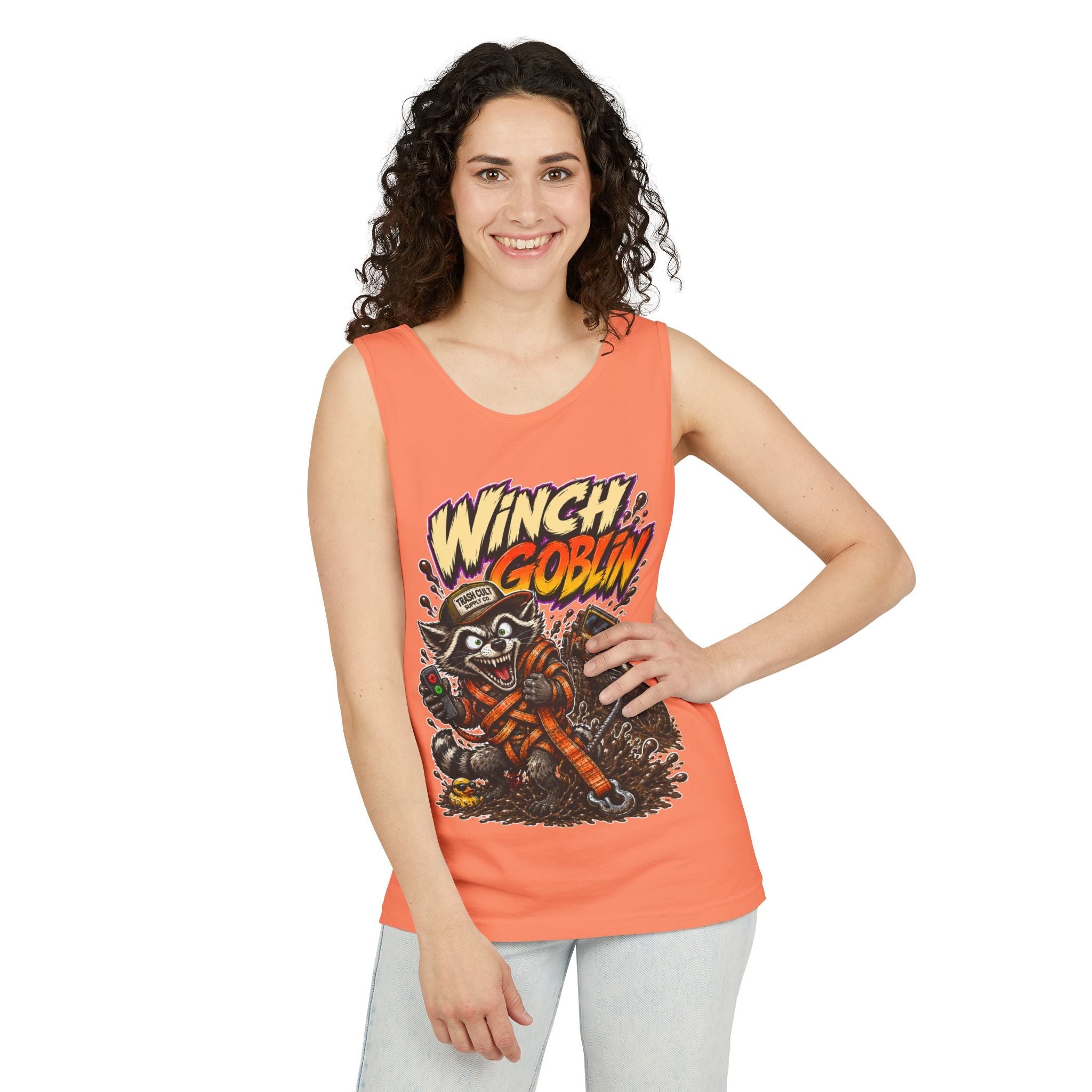 Winch Goblin Graphic Tank Top — Retro Cartoon Mechanic Design