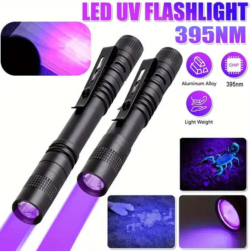 395nm UV Pen FLaslight,Blacklight Flashlight w/ Clip Portable Detector for Hotel/Pet Urine/Bed Bugs/Camping(AAA Battery Powered)