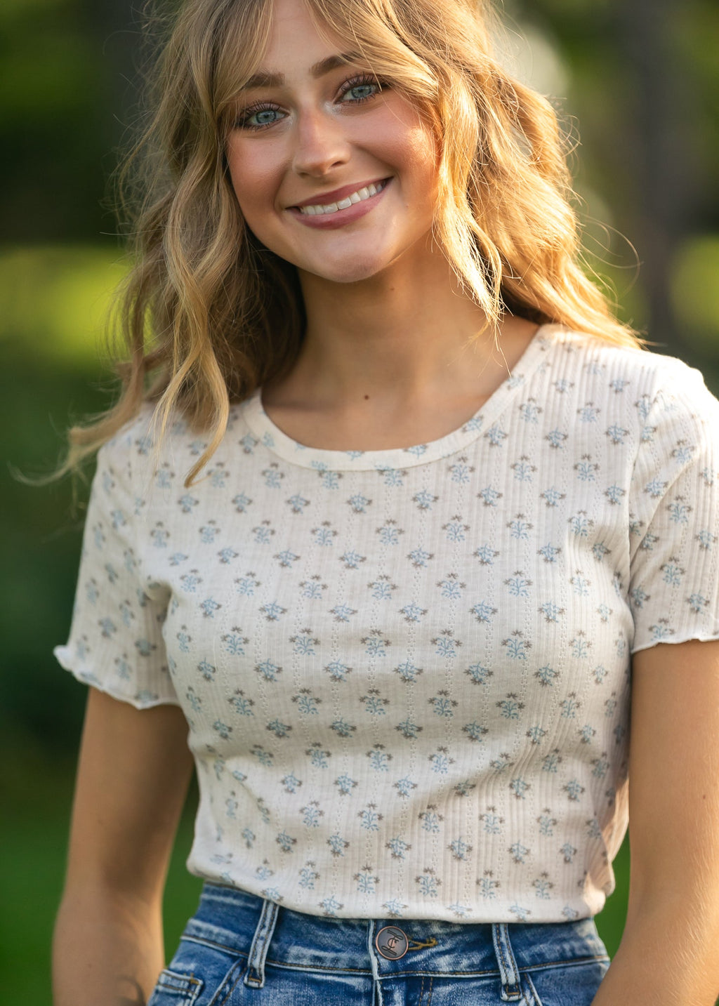 Larza Blue Floral Lettuce Hem Top - FINAL SALE